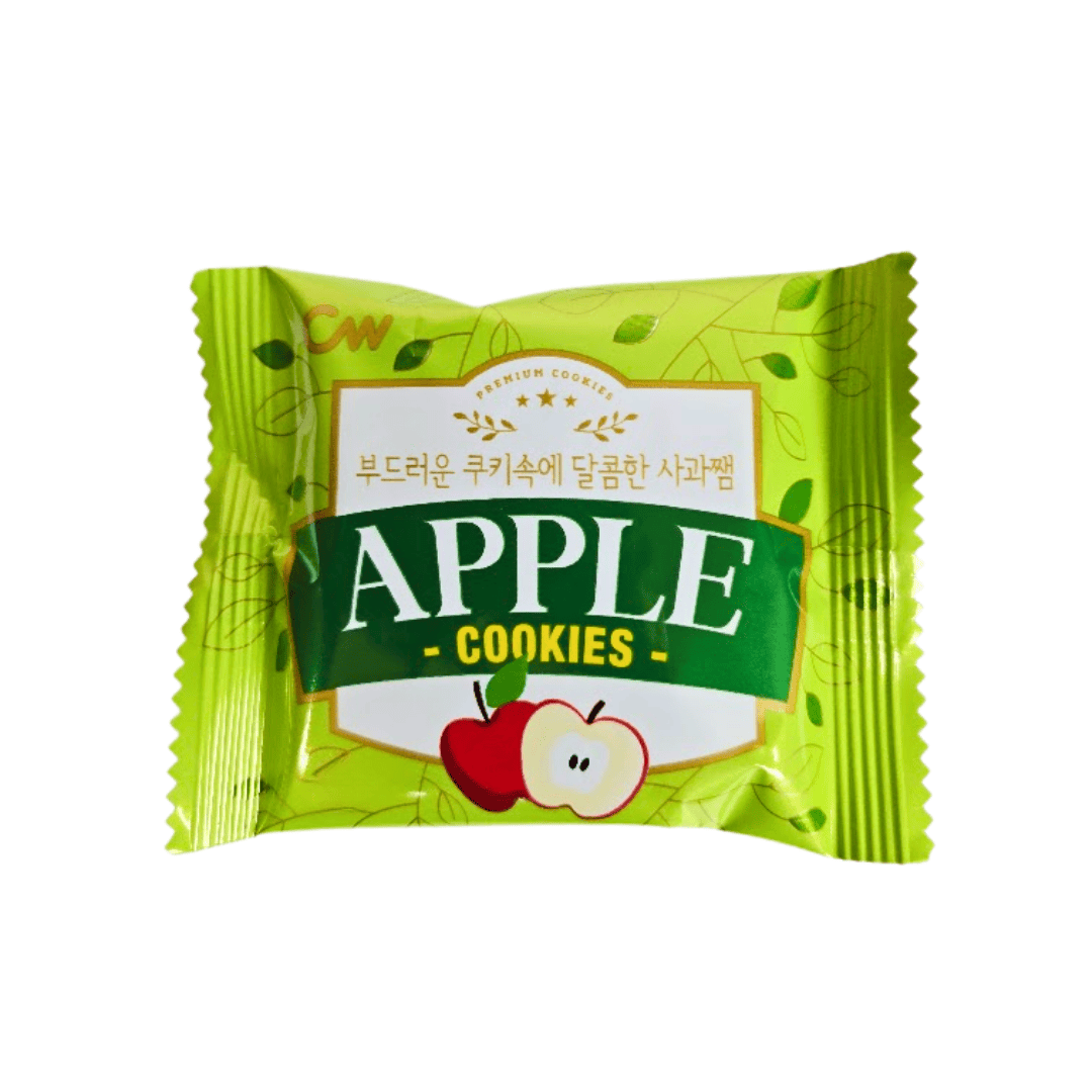 Apple cookie in a green wrapper with an apple illustration on the front.