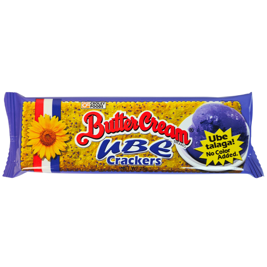 Butter Cream Ube Crackers packaging with a sunflower and purple ball of ube on a white background