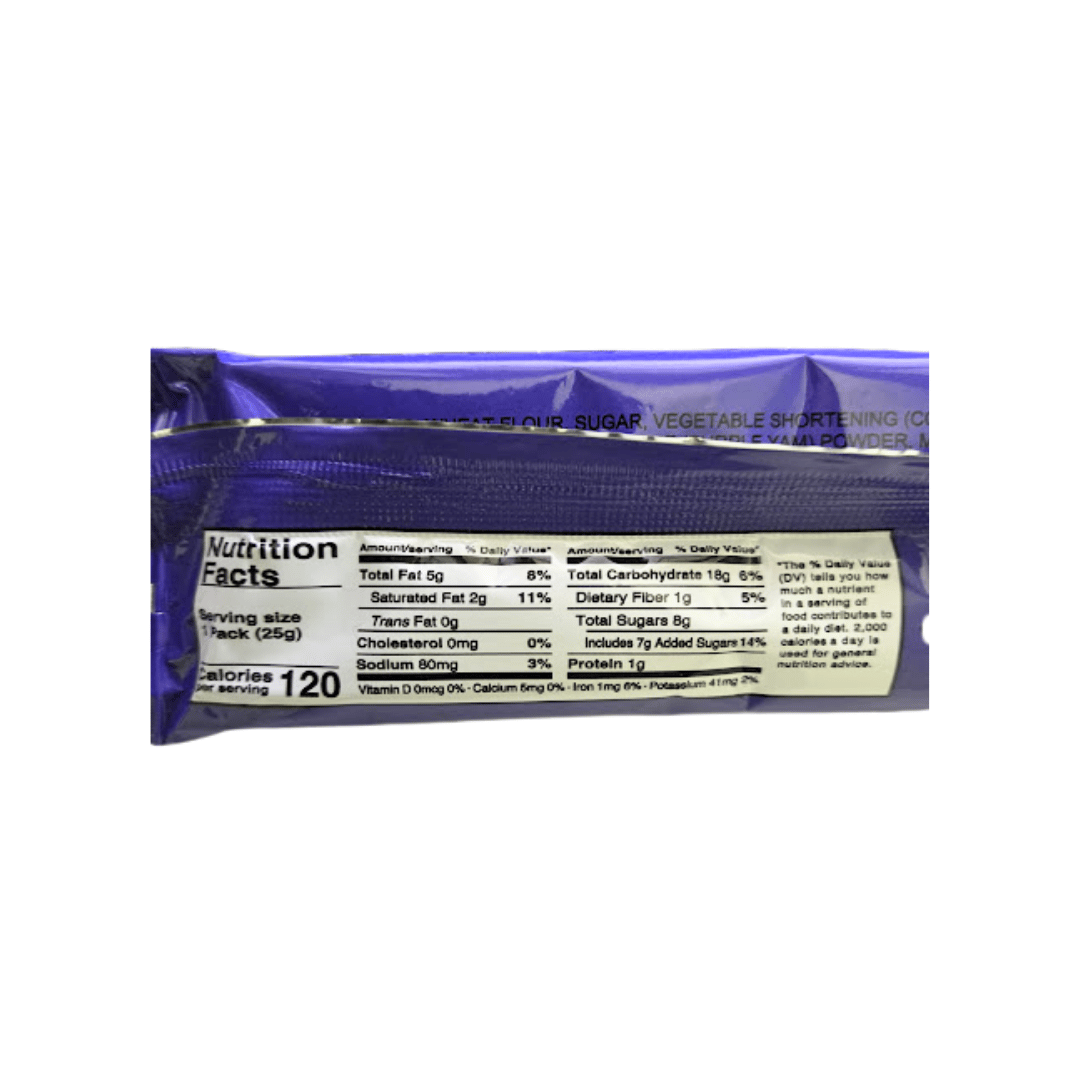 Nutrition facts label on a purple package with white background