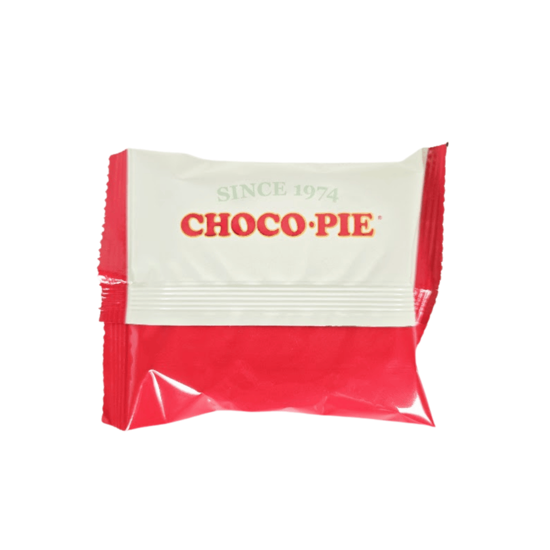 Back of Choco Pie packaging with red and white design on a white background