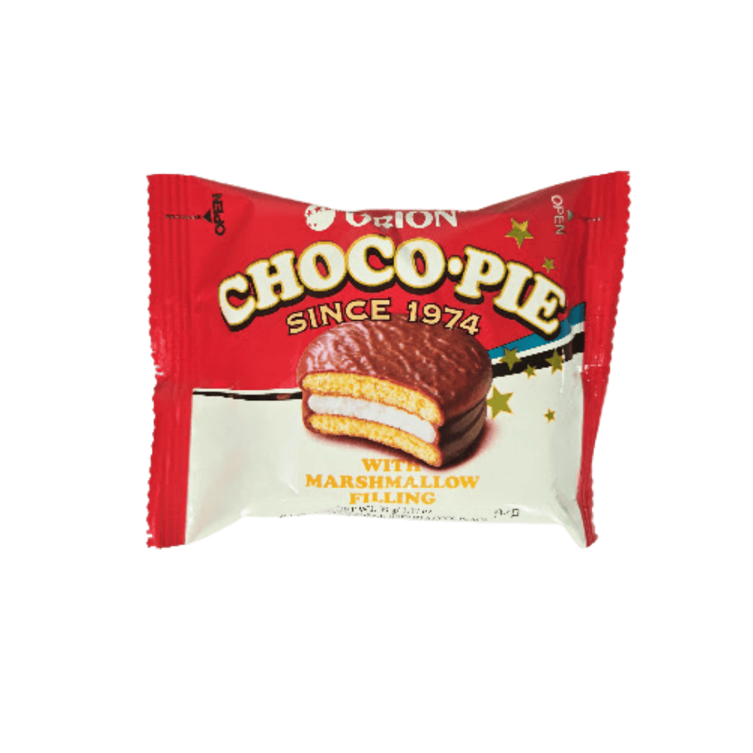 Red packaging with 'Choco Pie' on the top and picture of chocolate pie with marshmallow filling on the bottom.