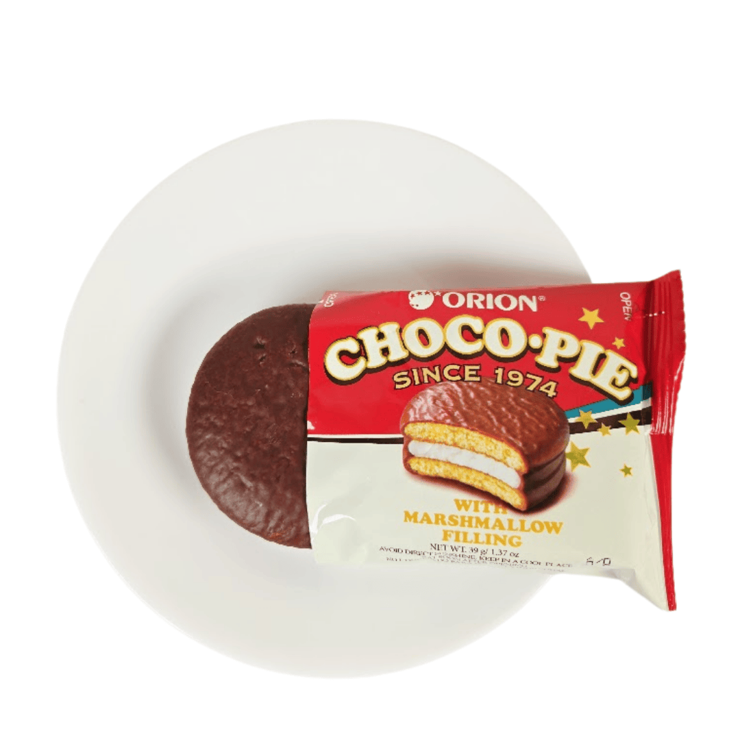 Orion Choco Pie halfway out of the original packaging