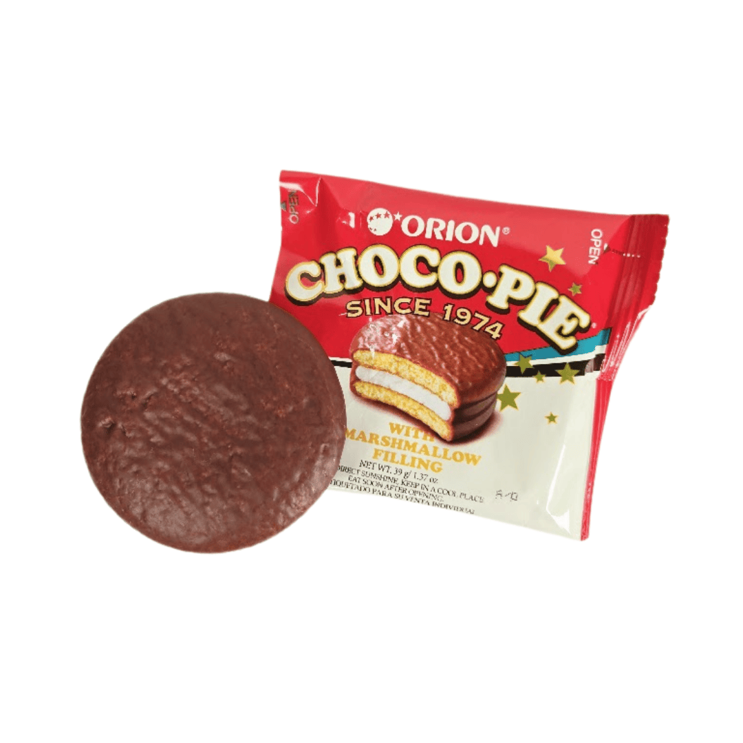 Red packaging with 'Choco Pie' on the top and picture of chocolate pie with marshmallow filling on the bottom.