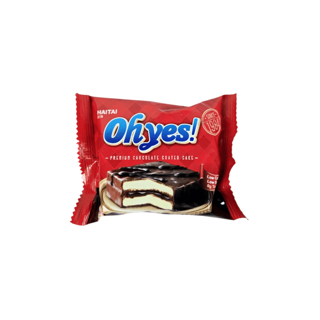 Front of Haitai Oh Yes! Premium Chocolate Coated Cake packaging featuring a layered chocolate snack on a red wrapper.