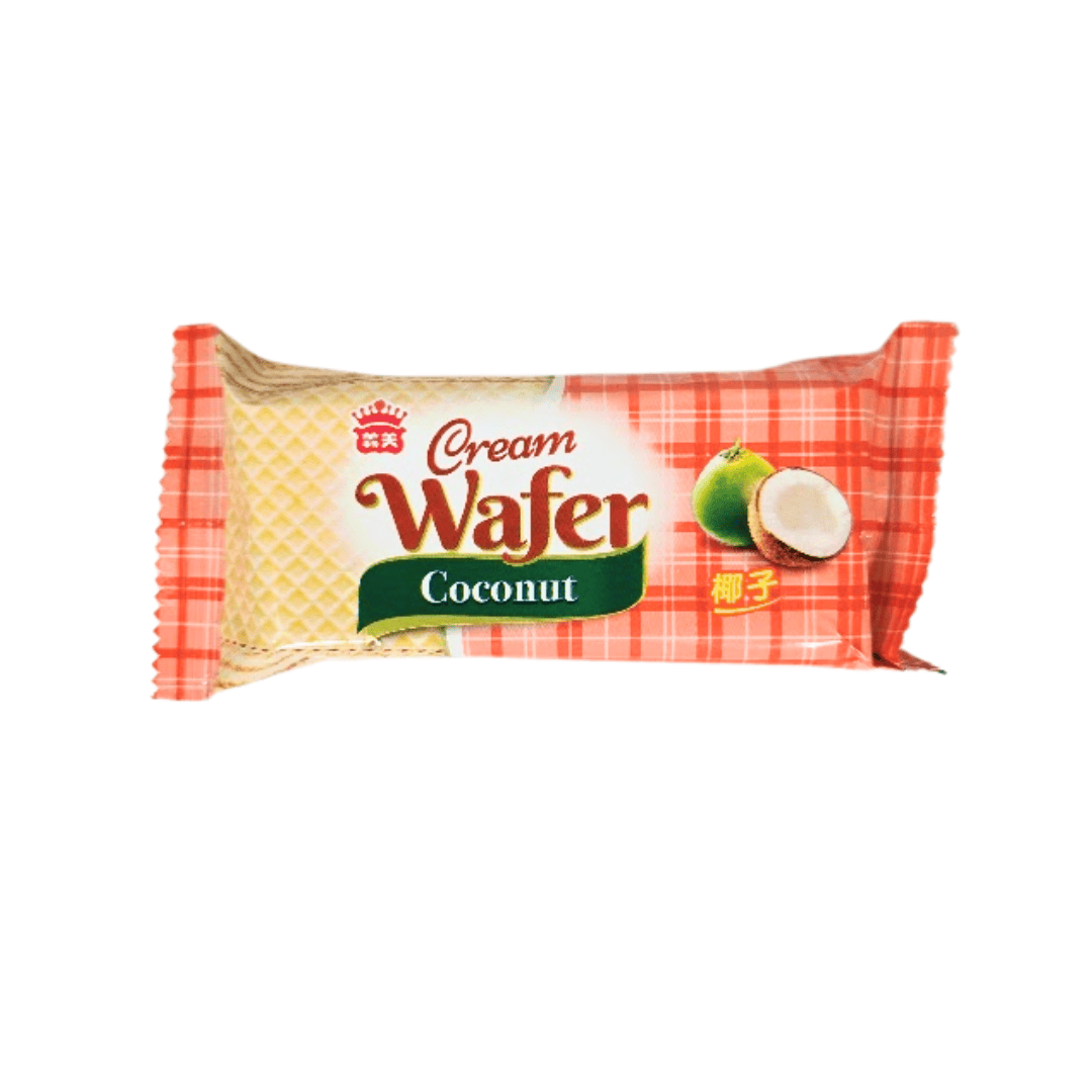 Coconut cream wafer snack in orange plaid packaging with images of coconuts on the right.