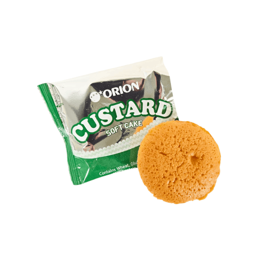 Orion Custard soft cake package with a soft cake on a white background