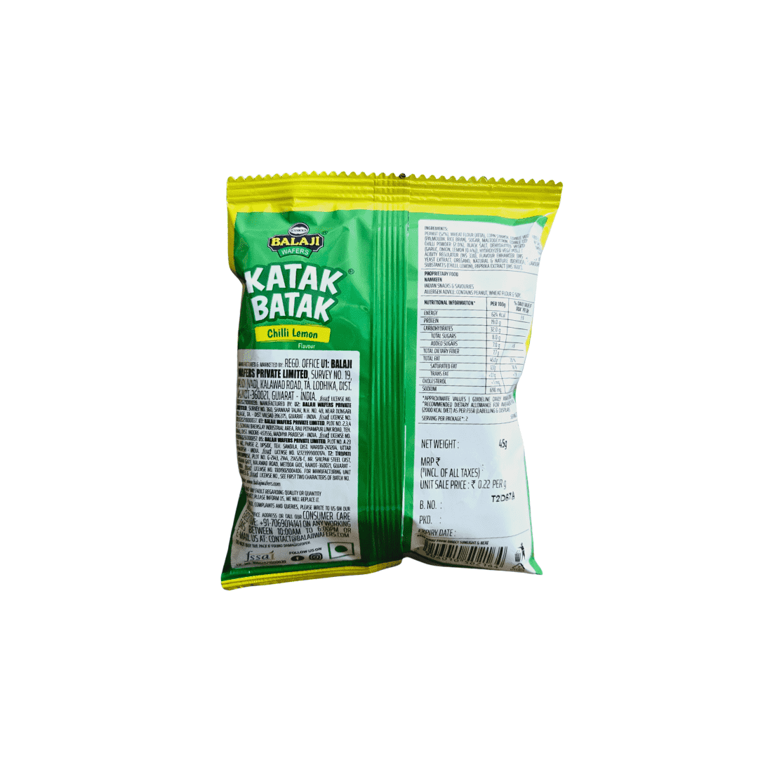 Back of Katak Batak Chilli Lemon package with ingredients and nutrition facts.