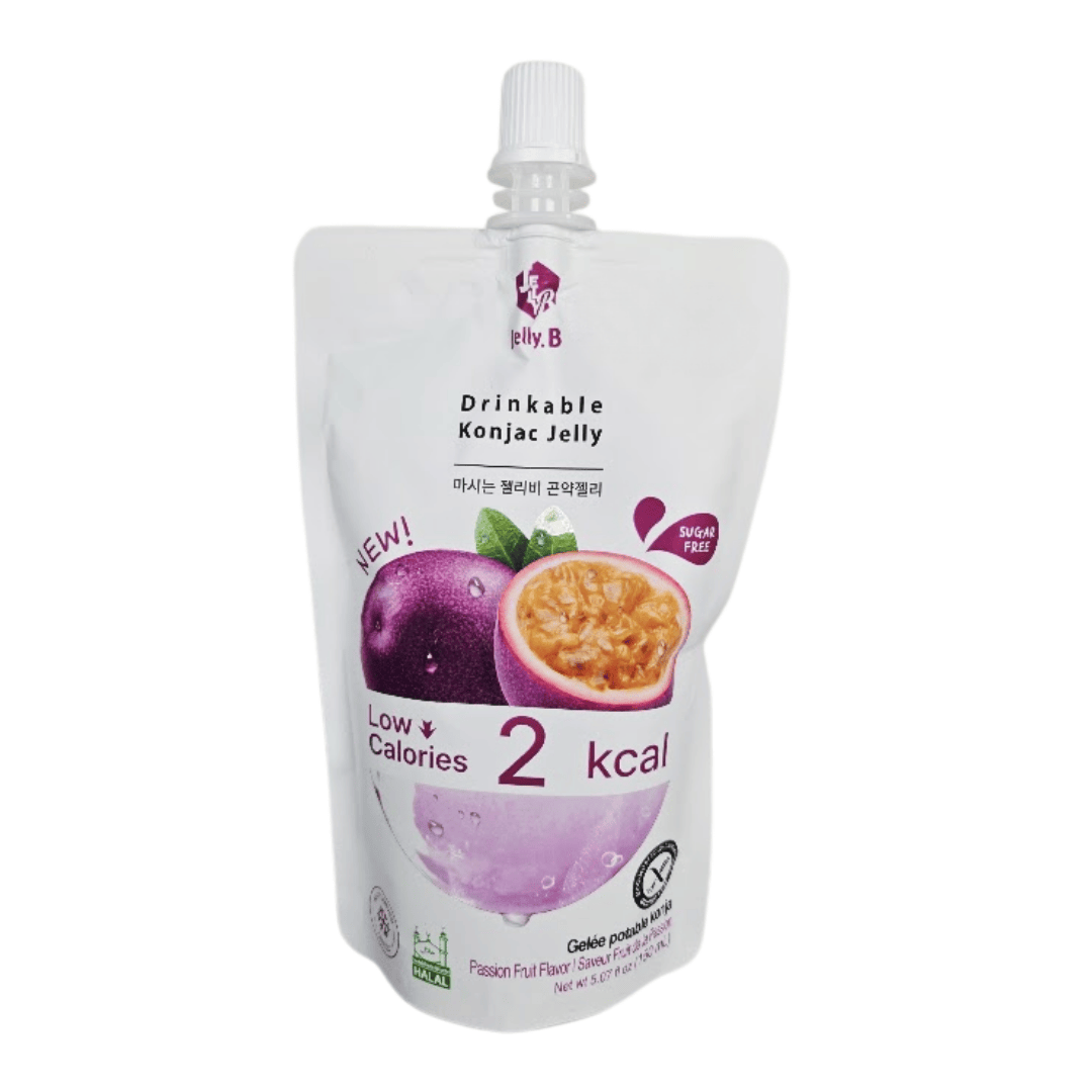 Packaging of Drinkable Konjac Jelly passion fruit flavor with purple graphics on a white background