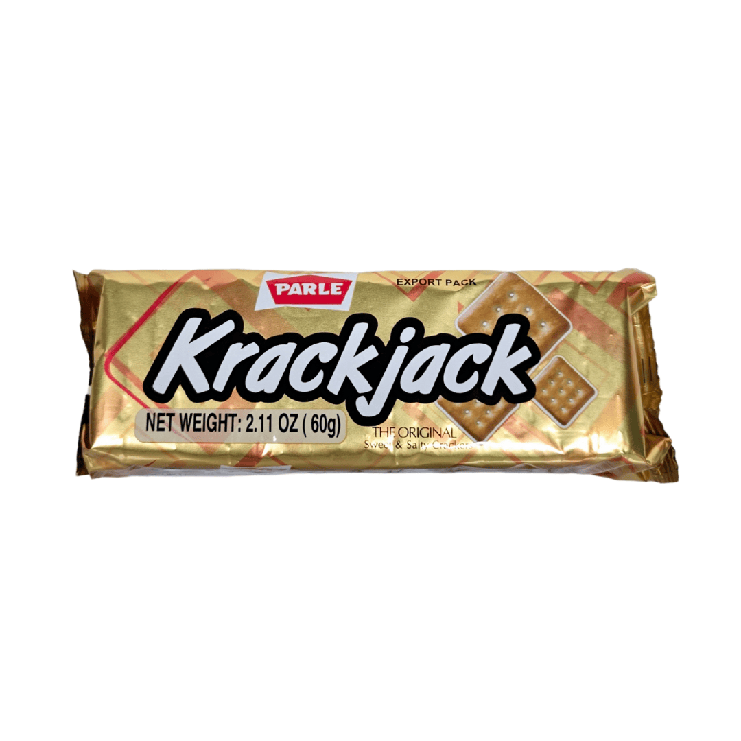 Parle Krackjack biscuit pack with gold packaging, featuring the brand name in bold black and white text and labeled as "The Original Sweet & Salty Crackers."