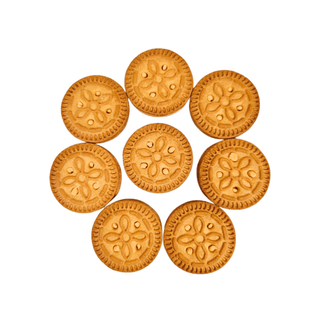 Nine round Parle Kreams Gold Orange cookies with floral patterns on a white background