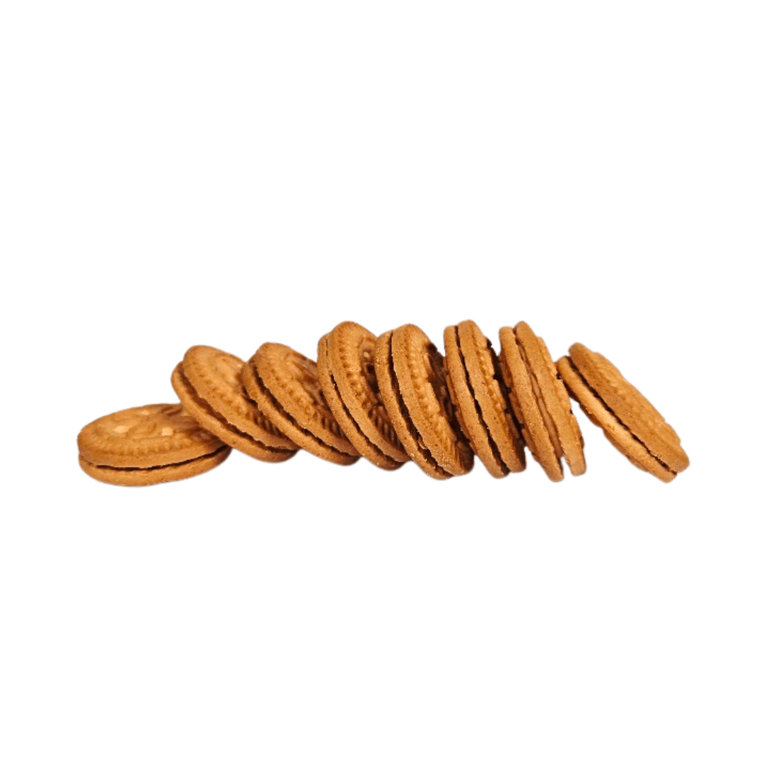 Row of round Parle Kreams Gold Orange Cookies on a white background