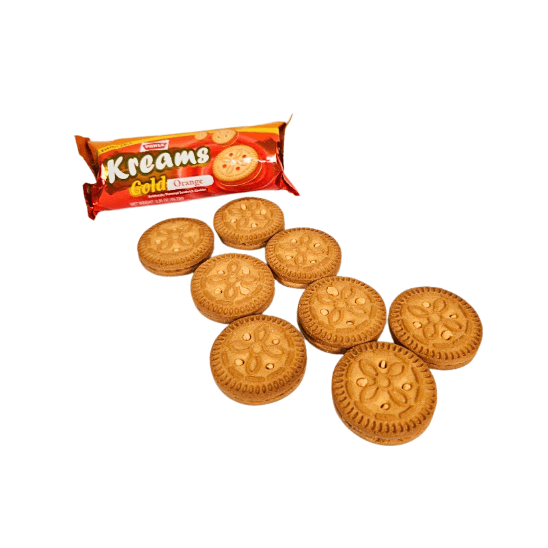 Parle Kreams Gold Orange Cookies with packaging on a white background
