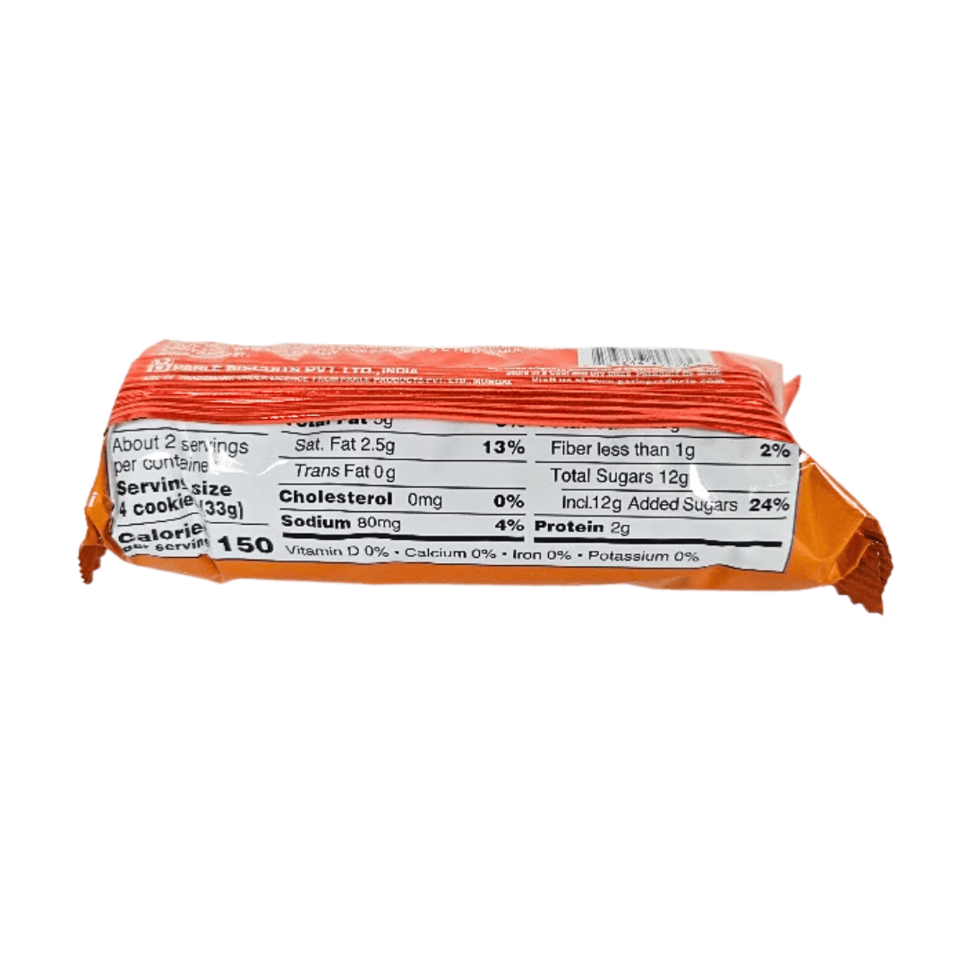 Packaged Parle Kreams Gold Orange Cookies with nutrition label on a white background