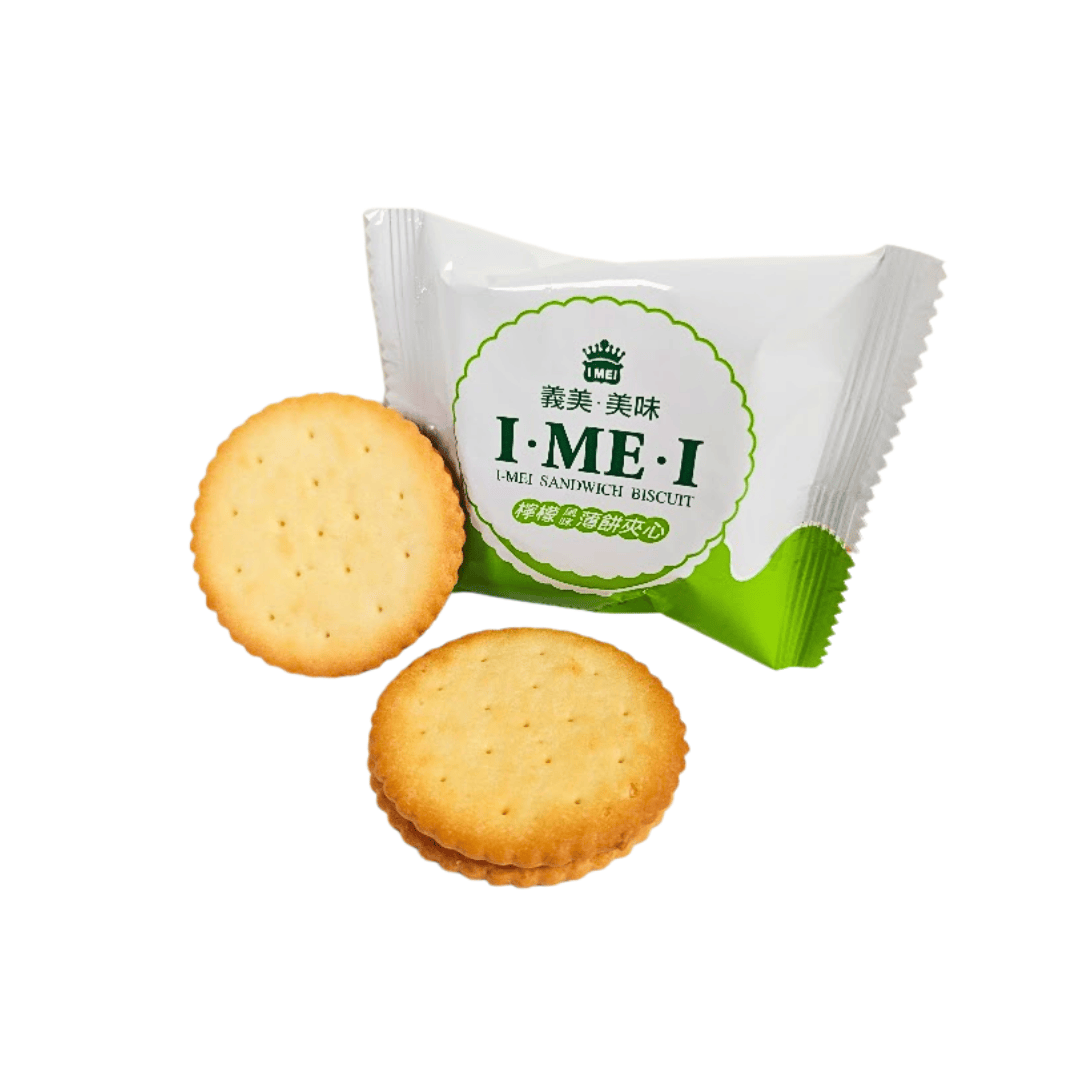 2 lemon sandwich biscuits with white and green I Mei packaging