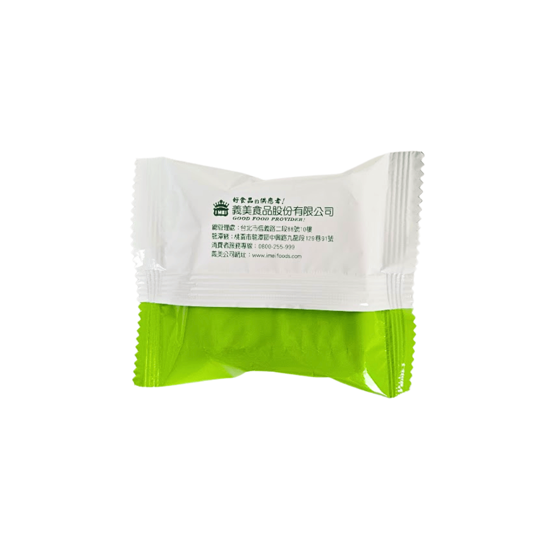 Back of I Mei Lemon Sandwich Biscuits in white and green packaging.