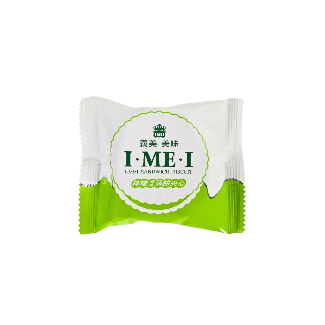 Front of I Mei Lemon Sandwich Biscuits in white and green packaging.