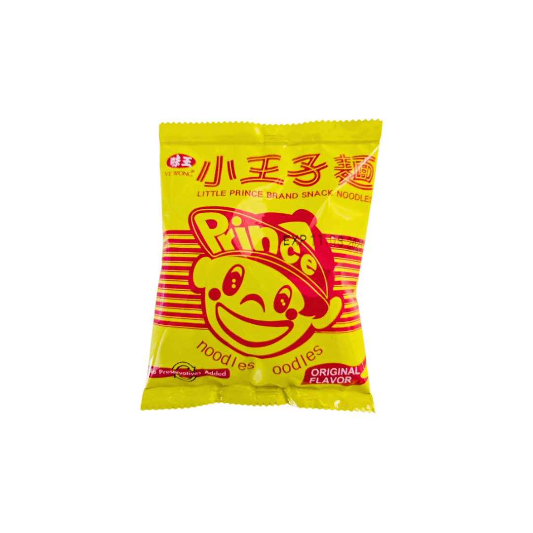 Yellow package of Little Prince brand snack noodles on a white background
