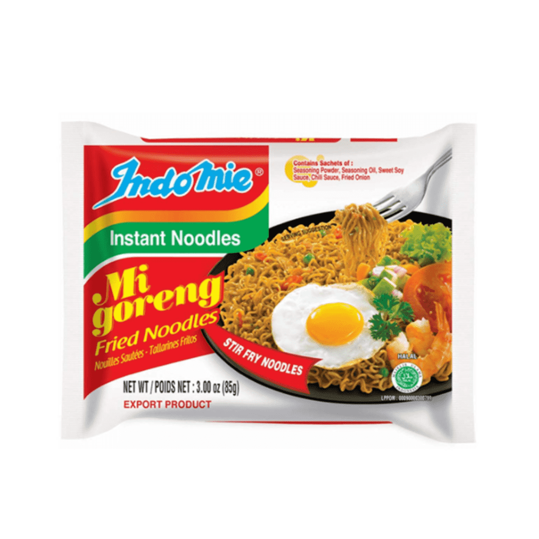 Package of Indomie Migoreng fried noodles with a photo of cooked noodles topped with an egg, shrimp, lettuce, and tomatoes.