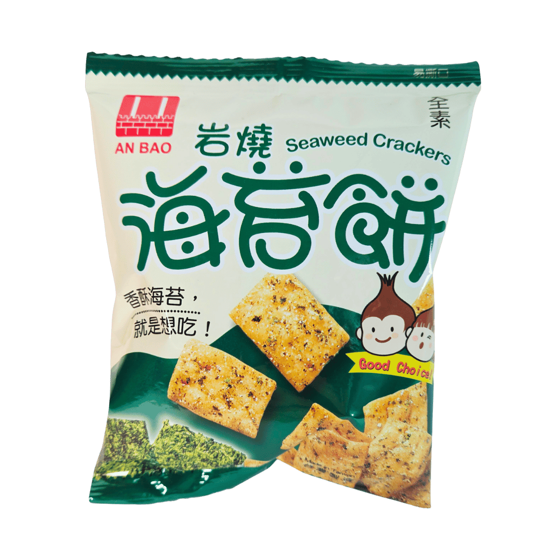 Packaging of Seaweed Crackers with images of crackers and text on a green background