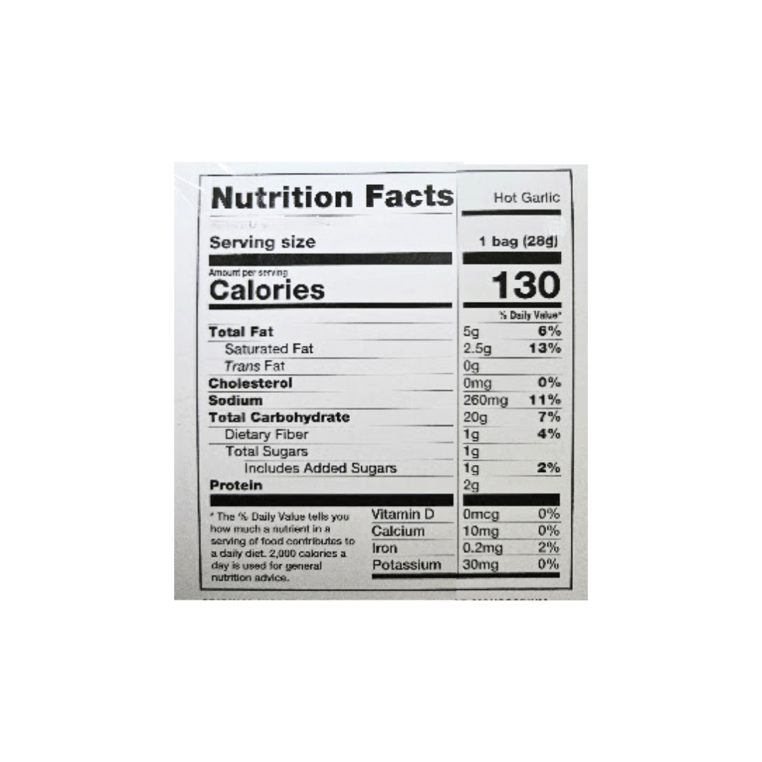 Nutrition facts label for Hot Garlic Shrimp Chips
