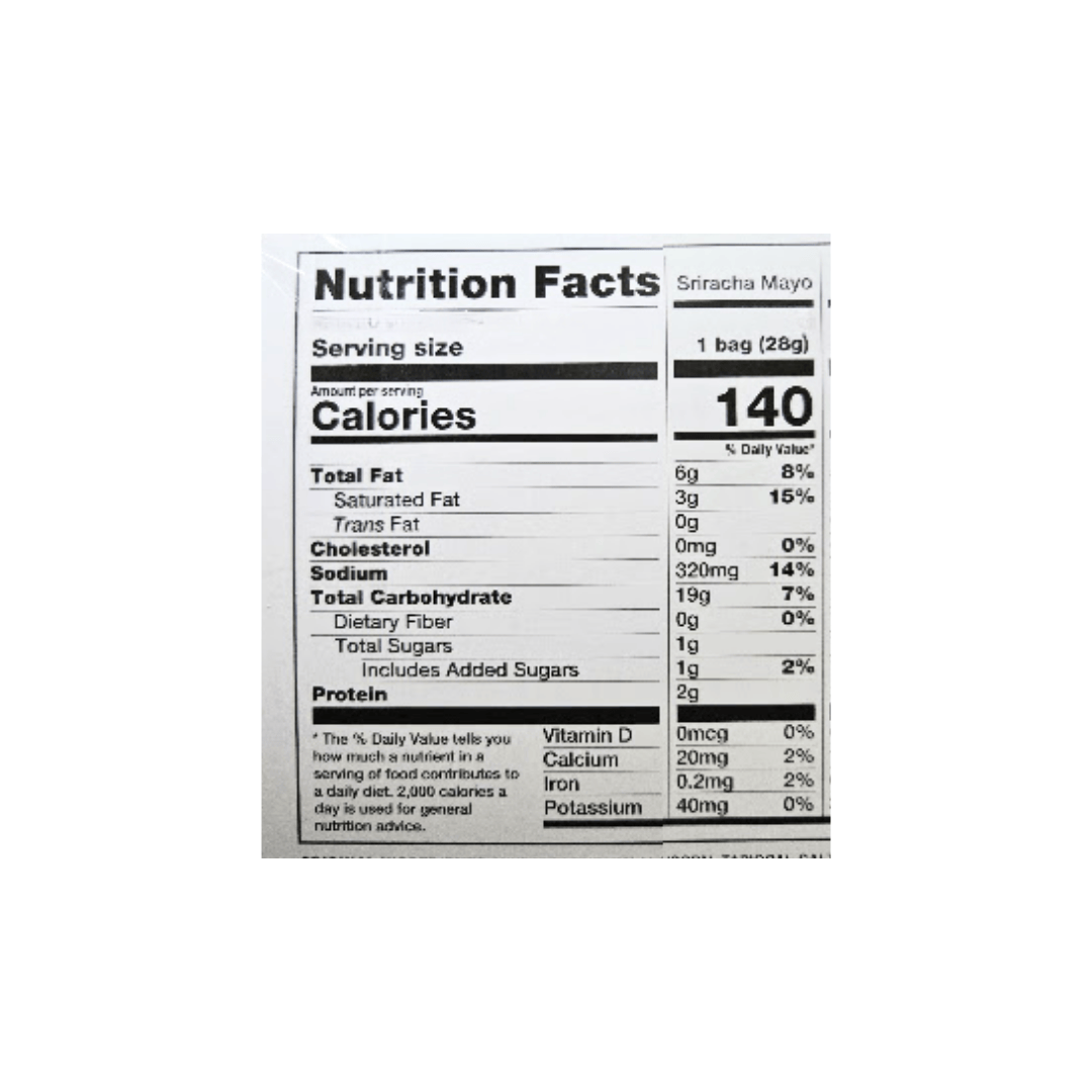 Nutrition facts label for Sriracha Mayo Shrimp Clips on a white background