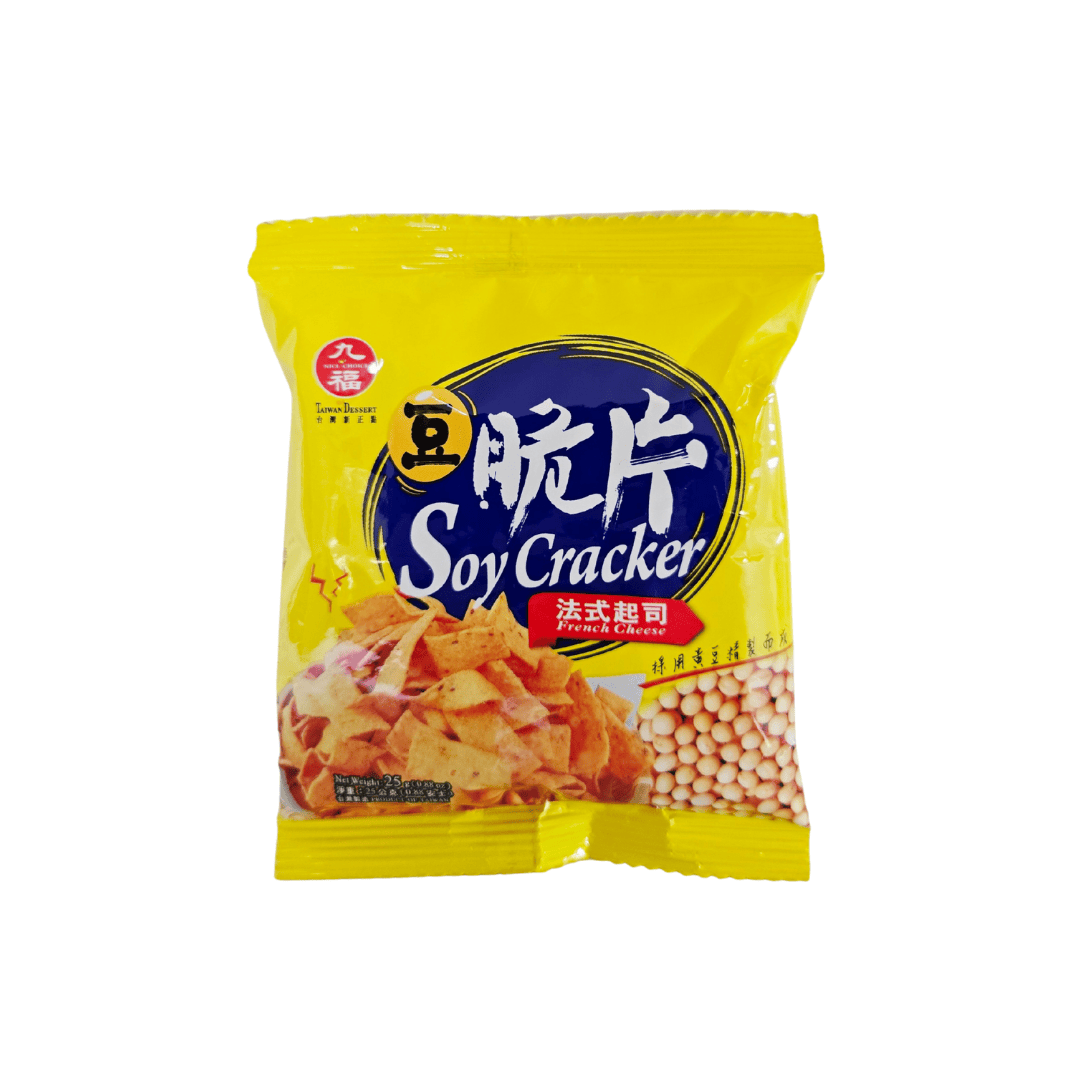 Image of a yellow bag of Soy Crackers with French cheese flavor, featuring crispy soy-based chips and soybeans on the packaging.
