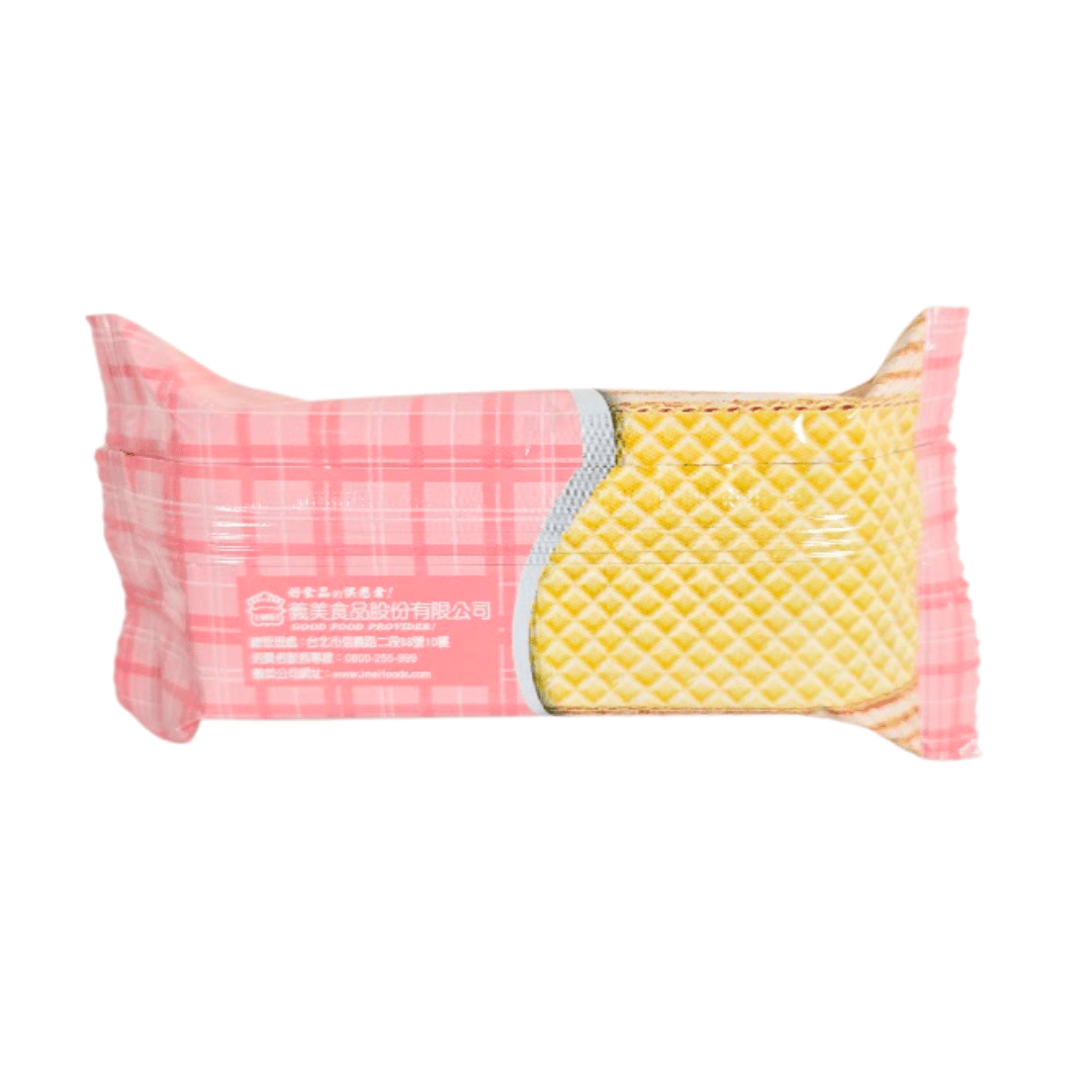 Strawberry cream wafer snack in pink plaid packaging.