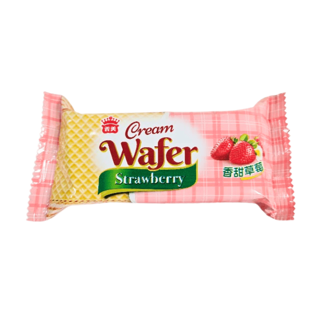 Strawberry cream wafer snack in pink plaid packaging with images of strawberries on the right.