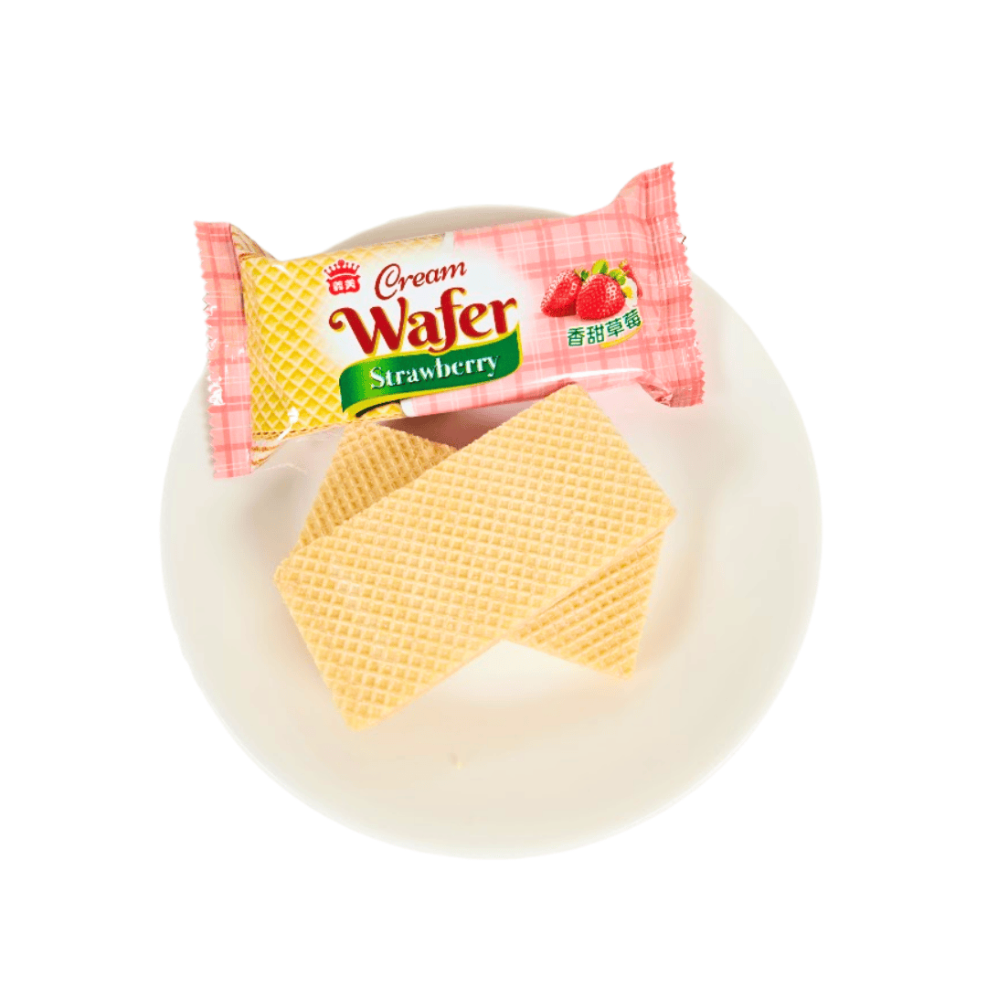 Strawberry cream wafers with packaging on a white background
