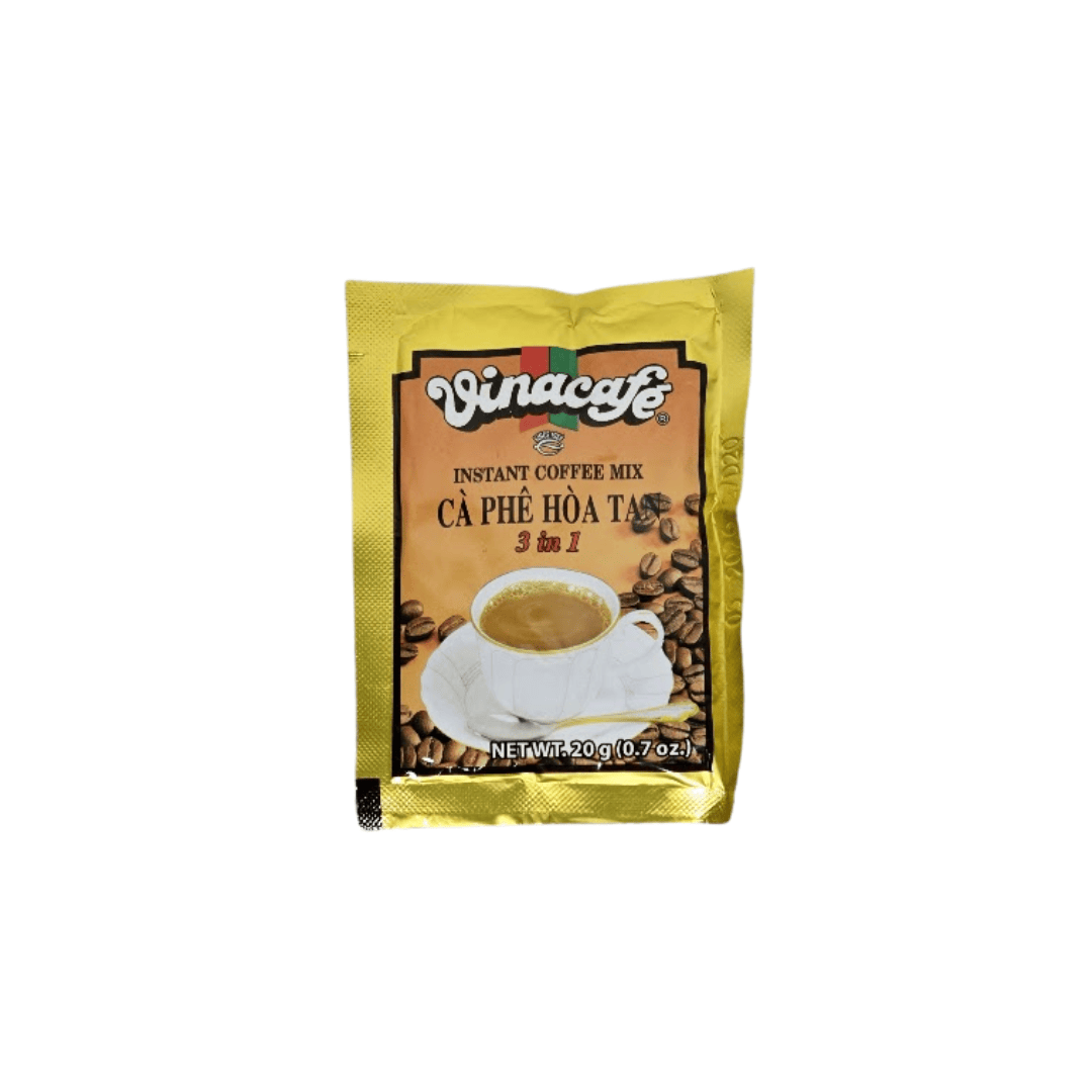 Vinacafé Instant Coffee Mix packet with a rich, golden design featuring a coffee cup and roasted coffee beans.