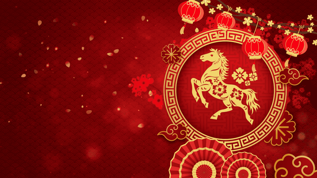 Happy Lunar New Year theme with red background, red lanterns, and a golden horse