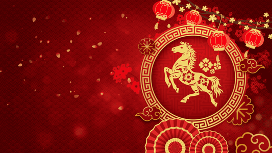 Happy Lunar New Year theme with red background, red lanterns, and a golden horse