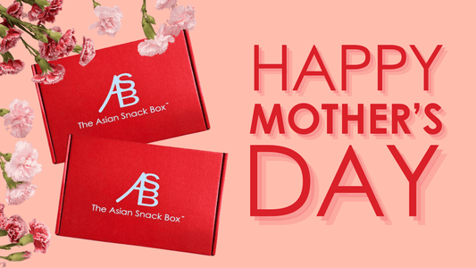 'Happy Mother's Day' in red with 2 Asian Snack Boxes to the left and a peach background.
