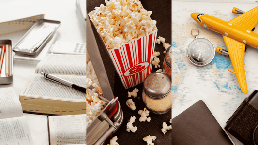 Three-panel image: study supplies and open books on the left, popcorn and condiments in the center, and a toy airplane, compass, and map on the right.