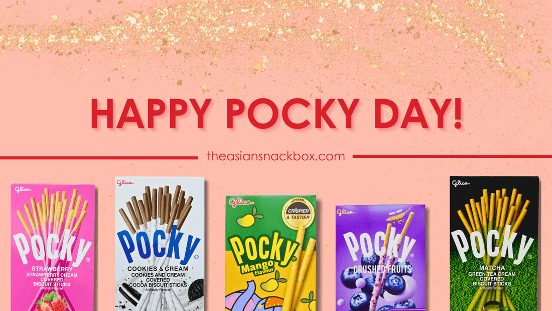 Happy Pocky Day banner with five different Pocky flavors: Strawberry, Cookies & Cream, Mango, Blueberry Yogurt, and Matcha Green Tea. theasiansnackbox.com.