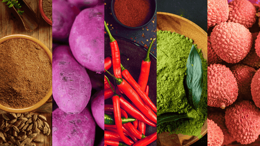 Top Asian Flavors graphic featuring from left to right: masala, ube, mala, matcha, and lychee.