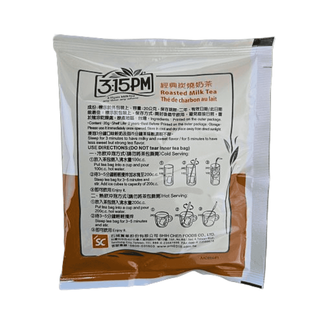 Back of a 3:15pm Roasted Milk Tea packet showing instructions in multiple languages for both hot and cold preparation. The packaging includes ingredient details, steeping directions, and illustrations demonstrating the steps for making the tea.