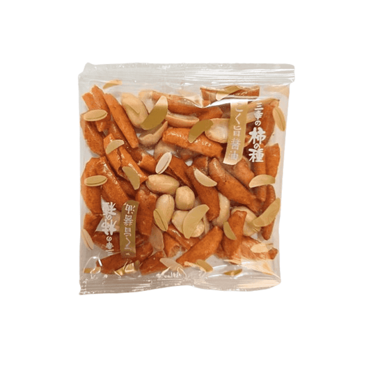 A clear plastic package containing a mix of Sanko Kakinotane rice crackers and peanuts. The packaging features Japanese text and small golden peanut illustrations.