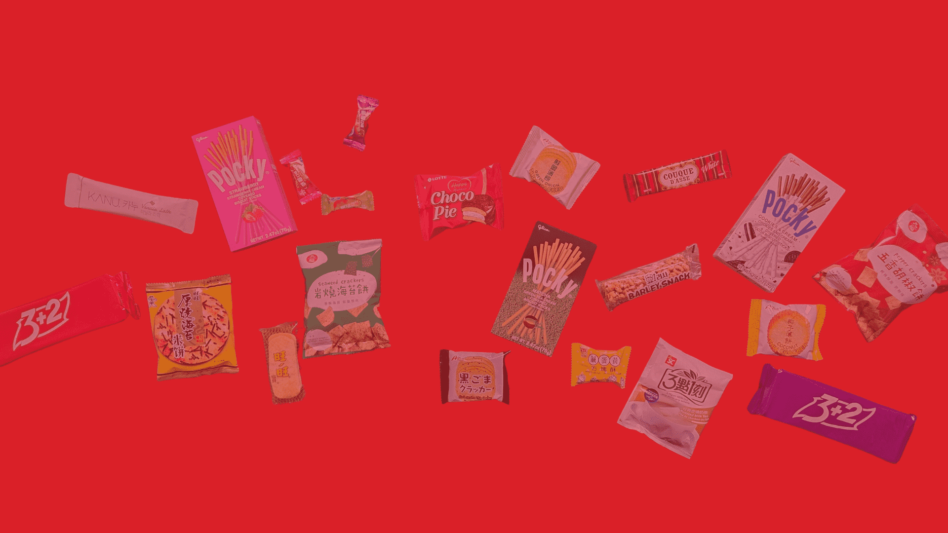 Red background featuring different packaged snacks