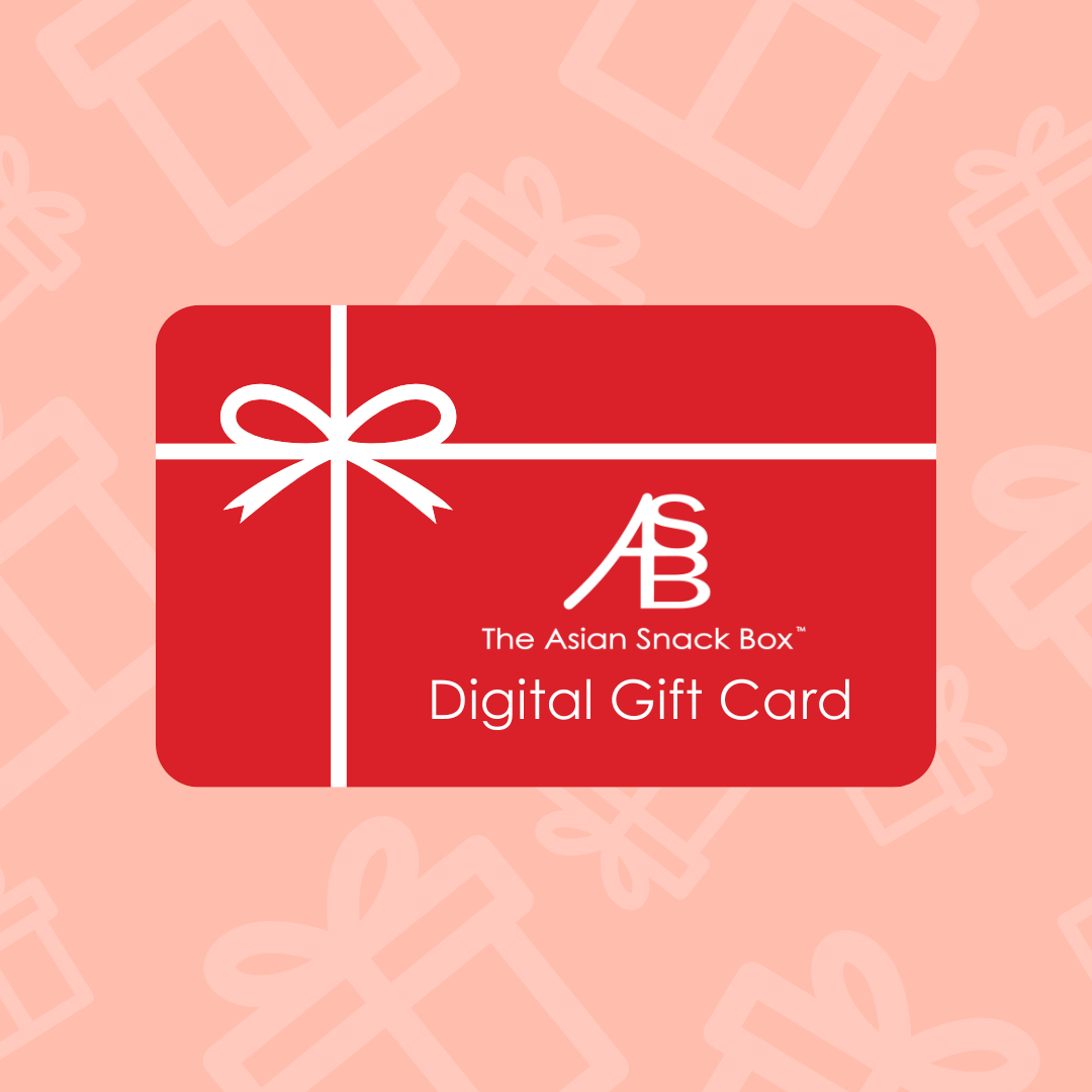 The Asian Snack Box Digital Gift Card in a red design with a white ribbon.