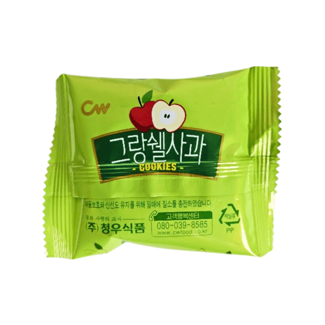 Apple cookie in a green wrapper with an apple illustration on the back.