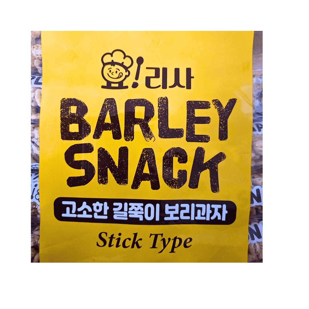 The Yorisa Round Barley Snacks label features a playful design with a cartoon character and the text "Barley Snack - stick type" in bold brown letters.