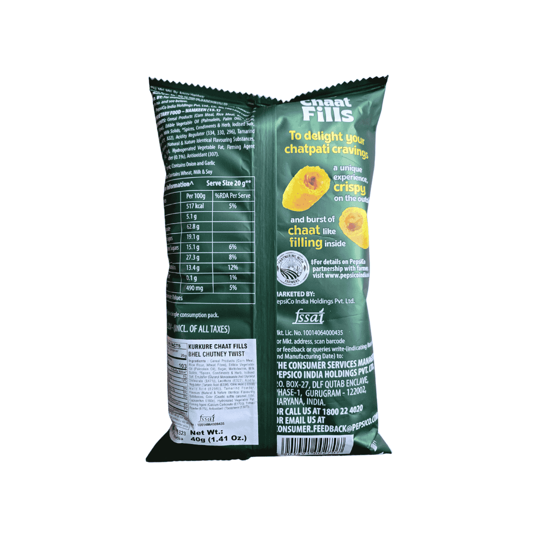 Back of KurKure Chaat Fills Bhel Chutney Twist snack pack with nutritional information and product details.