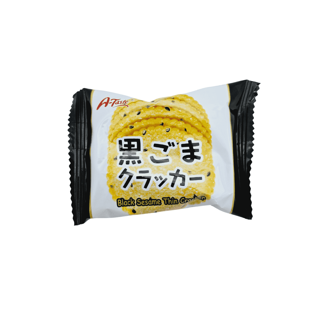 A package of A-Taste Black Sesame Thin Crackers, a delightful Asian snack featuring an image of the crackers and Japanese text.