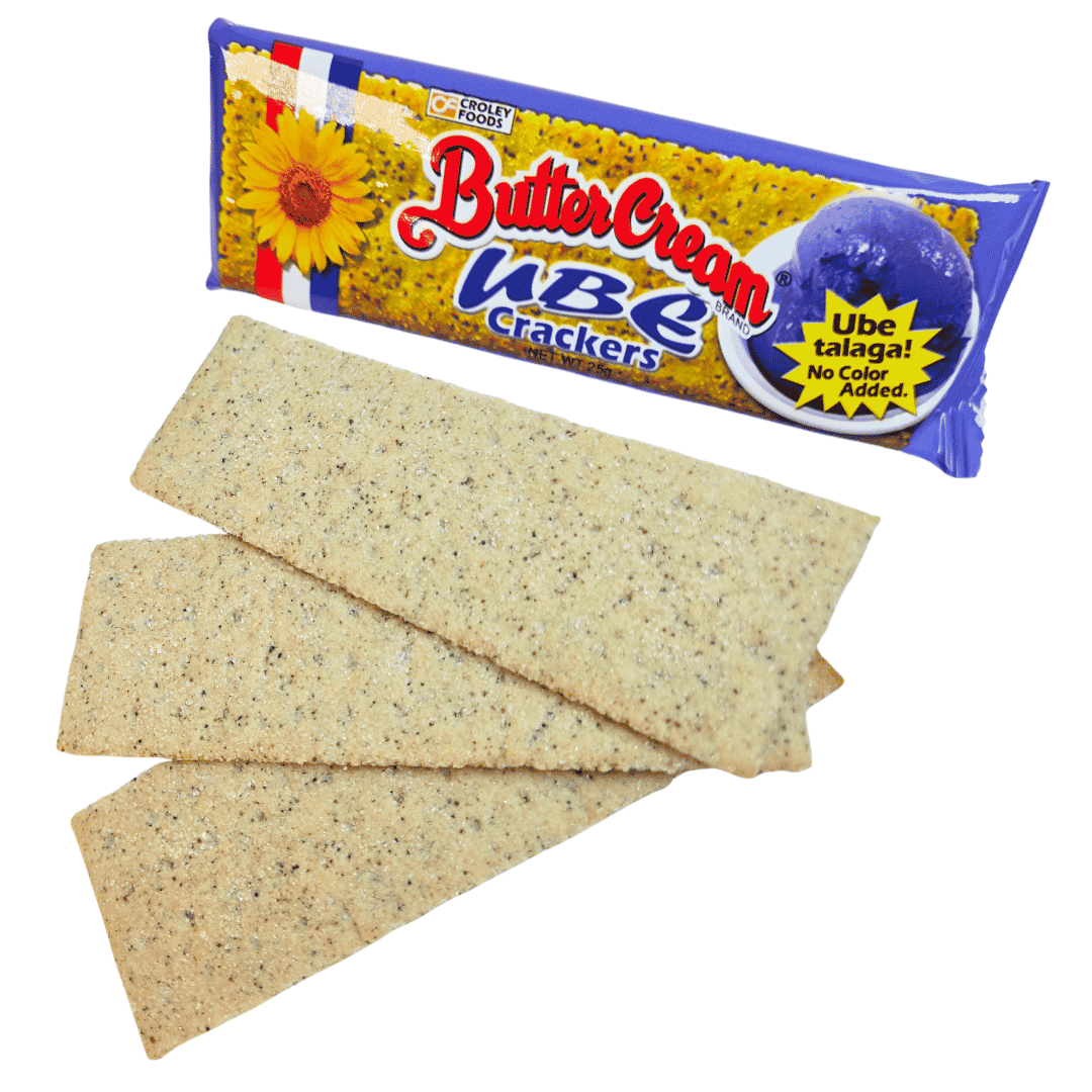 3 Butter Cream Ube Crackers with packaging on a white background