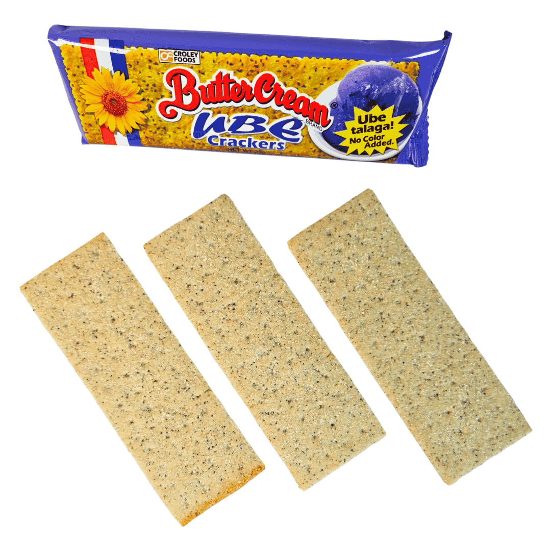 3 Buttercream Ube Crackers with packaging on a white background