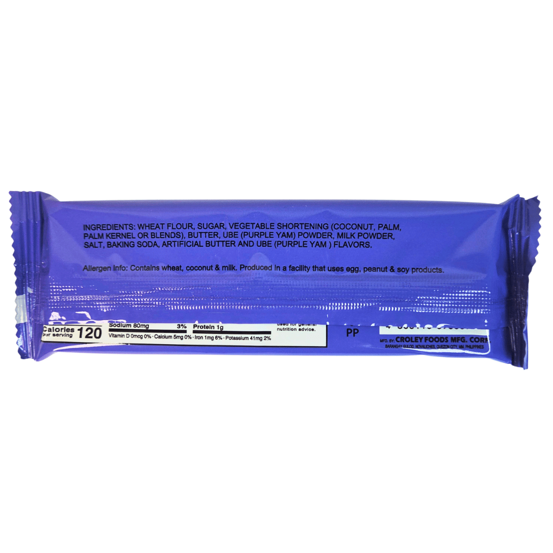 Purple snack packaging with text on a white background