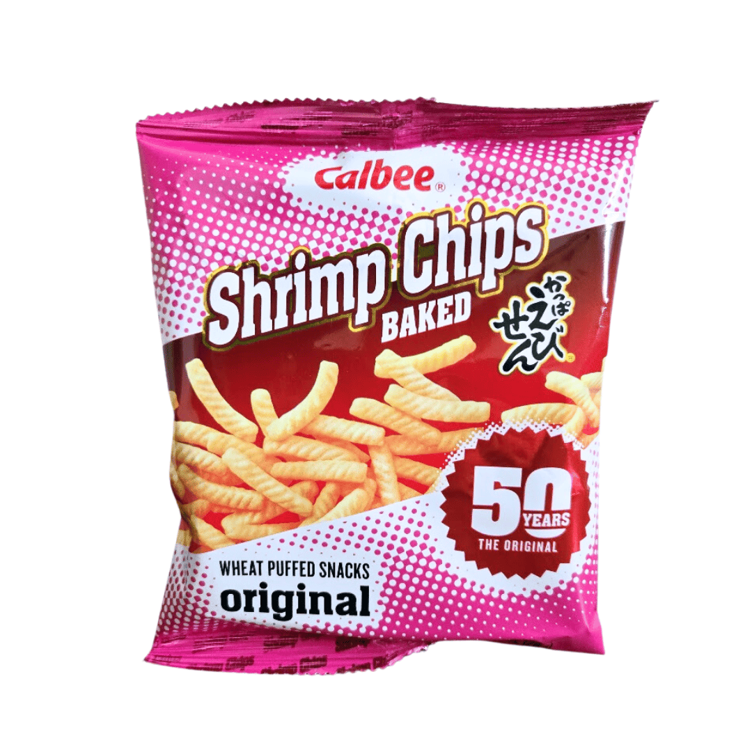 A bag of Calbee Shrimp Chips, original flavor, featuring wheat puffed snacks with a pink and white design.