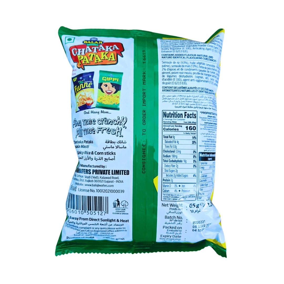 The back of the Balaji Namkeen Chataka Pataka Spicy Rice & Corn Sticks package showing the nutrition facts.