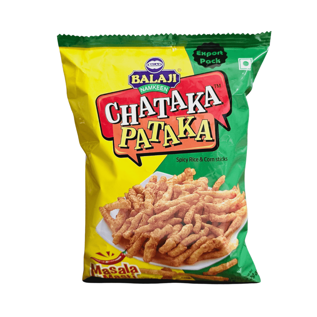 A packet of Balaji Namkeen Chataka Pataka Spicy Rice & Corn Sticks. The packaging is green and yellow with an image of the spicy sticks on a plate. The product name is prominently displayed in bold letters, along with a 'Masala Masti' label.